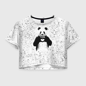 Женская футболка Crop-top 3D с принтом Панда Любовь Сердце Брызги , 100% полиэстер | круглая горловина, длина футболки до линии талии, рукава с отворотами | animals | beast | panda | брызги | глаза | животные | звери | краски | любовь | милые | панда | пятна | растения | сердце | серый | точки | цветы | чб | эвкалипт