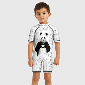 Детский купальный костюм 3D с принтом Панда Любовь Сердце Брызги , Полиэстер 85%, Спандекс 15% | застежка на молнии на спине | animals | beast | panda | брызги | глаза | животные | звери | краски | любовь | милые | панда | пятна | растения | сердце | серый | точки | цветы | чб | эвкалипт