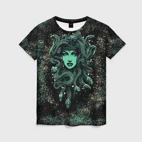 Женская футболка 3D с принтом Медуза , 100% полиэфир ( синтетическое хлопкоподобное полотно) | прямой крой, круглый вырез горловины, длина до линии бедер | бирюзовый. | греческие мифология | женщина | змеи | краски | красный | медуза горгона