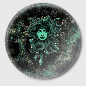 Значок с принтом Медуза ,  металл | круглая форма, металлическая застежка в виде булавки | бирюзовый. | греческие мифология | женщина | змеи | краски | красный | медуза горгона