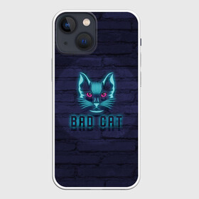 Чехол для iPhone 13 mini с принтом Bad cat ,  |  | neon | neon cat | кирпич | неон | неоновый кот | стена | тренд