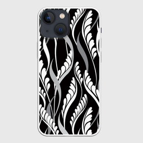 Чехол для iPhone 13 mini с принтом Листья в черно Белом Цвете ,  |  | black | branch | gray | in the top | in the trend | leaves | pattern | twigs | wave | white | youth | белый | в топе | в тренде | ветка | веточки | волна | листья | молодежь | серый | узор | черный