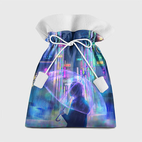 Подарочный 3D мешок с принтом ANIME NEON , 100% полиэстер | Размер: 29*39 см | Тематика изображения на принте: абстракция | аниме | город | гром | девочка | девушка | дождик | дождь | зонт | зонтик | молния | неон | неоновая | неоновый | персонаж | под дождем | синий | фиолетовый