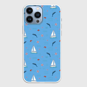 Чехол для iPhone 13 Pro Max с принтом Море, дельфины, парусник ,  |  | boat | dolphins | lifebuoy | marine | ocean | sea | southern | starfish | summer | vacation | waves | волны | корабль | лето | лодка | морская звезда | морской | обитатели | океан | отдых | пейзаж | плавание | пляж | синий | спасательный круг | 