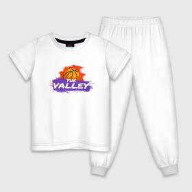 Детская пижама хлопок с принтом Suns - The Valley , 100% хлопок |  брюки и футболка прямого кроя, без карманов, на брюках мягкая резинка на поясе и по низу штанин
 | Тематика изображения на принте: basketball | mvp | nba | phoenix | sport | streetball | suns | аризона | баскетбол | игра | крис пол | мяч | нба | санс | спорт | стритбол | тренер | финикс | чемпион