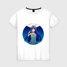 Женская футболка хлопок с принтом Rika Furude , 100% хлопок | прямой крой, круглый вырез горловины, длина до линии бедер, слегка спущенное плечо | аниме | девушка | луна | нож | платье | синие волосы