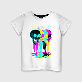 Детская футболка хлопок с принтом 4 ЧЕРЕПА / SKULLS / NEON , 100% хлопок | круглый вырез горловины, полуприлегающий силуэт, длина до линии бедер | retro. | абстракция | арт | жидкость | мультик | ретро | скелет | сюрреализм | черепа