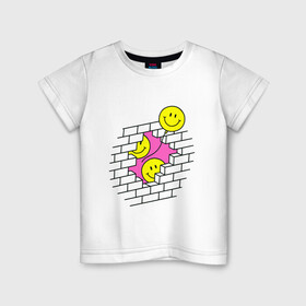 Детская футболка хлопок с принтом ШАРИКИ В СТЕНЕ / РЕТРО , 100% хлопок | круглый вырез горловины, полуприлегающий силуэт, длина до линии бедер | smile. | иллюзия | кирпич | классический | ретро | смайл | смайлик | стена | шарики