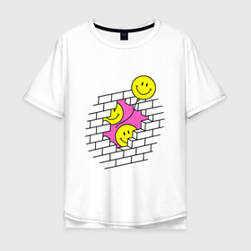 Мужская футболка хлопок Oversize с принтом ШАРИКИ В СТЕНЕ / РЕТРО , 100% хлопок | свободный крой, круглый ворот, “спинка” длиннее передней части | smile. | иллюзия | кирпич | классический | ретро | смайл | смайлик | стена | шарики