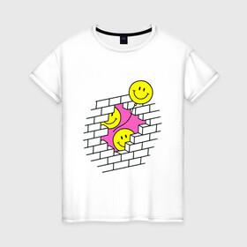 Женская футболка хлопок с принтом ШАРИКИ В СТЕНЕ / РЕТРО , 100% хлопок | прямой крой, круглый вырез горловины, длина до линии бедер, слегка спущенное плечо | smile. | иллюзия | кирпич | классический | ретро | смайл | смайлик | стена | шарики