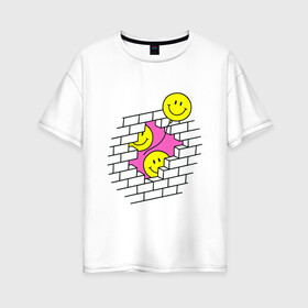 Женская футболка хлопок Oversize с принтом ШАРИКИ В СТЕНЕ / РЕТРО , 100% хлопок | свободный крой, круглый ворот, спущенный рукав, длина до линии бедер
 | smile. | иллюзия | кирпич | классический | ретро | смайл | смайлик | стена | шарики