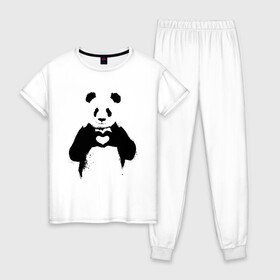 Женская пижама хлопок с принтом ПАНДА ЛАЙК / ЛЮБОВЬ / PANDA LOVE , 100% хлопок | брюки и футболка прямого кроя, без карманов, на брюках мягкая резинка на поясе и по низу штанин | heart | like | likes | love | paints | panda | брызги | животные | звери | краски | лайк | лайки | любовь | панда | сердечко | чб | чёрно белое