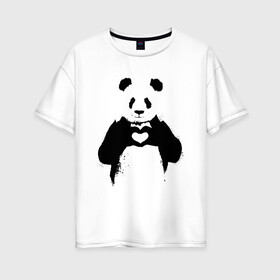 Женская футболка хлопок Oversize с принтом ПАНДА ЛАЙК / ЛЮБОВЬ / PANDA LOVE , 100% хлопок | свободный крой, круглый ворот, спущенный рукав, длина до линии бедер
 | heart | like | likes | love | paints | panda | брызги | животные | звери | краски | лайк | лайки | любовь | панда | сердечко | чб | чёрно белое