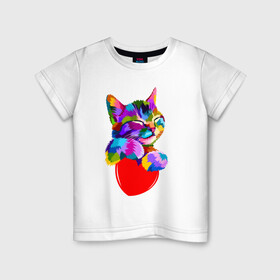 Детская футболка хлопок с принтом РАДУЖНЫЙ КОТИК / RAINBOW KITTY , 100% хлопок | круглый вырез горловины, полуприлегающий силуэт, длина до линии бедер | Тематика изображения на принте: heart | kitty | like | low poly | rainbow | животные | звери | котик | лайк | радуга | радужный котик | сердечко | цветные