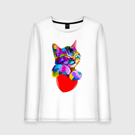 Женский лонгслив хлопок с принтом РАДУЖНЫЙ КОТИК / RAINBOW KITTY , 100% хлопок |  | heart | kitty | like | low poly | rainbow | животные | звери | котик | лайк | радуга | радужный котик | сердечко | цветные