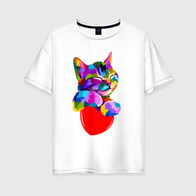 Женская футболка хлопок Oversize с принтом РАДУЖНЫЙ КОТИК / RAINBOW KITTY , 100% хлопок | свободный крой, круглый ворот, спущенный рукав, длина до линии бедер
 | heart | kitty | like | low poly | rainbow | животные | звери | котик | лайк | радуга | радужный котик | сердечко | цветные
