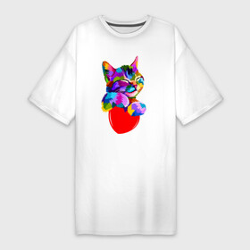 Платье-футболка хлопок с принтом РАДУЖНЫЙ КОТИК  RAINBOW KITTY ,  |  | heart | kitty | like | low poly | rainbow | животные | звери | котик | лайк | радуга | радужный котик | сердечко | цветные