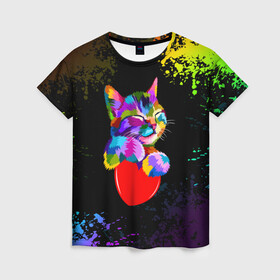 Женская футболка 3D с принтом РАДУЖНЫЙ КОТИК / RAINBOW KITTY , 100% полиэфир ( синтетическое хлопкоподобное полотно) | прямой крой, круглый вырез горловины, длина до линии бедер | heart | kitty | like | low poly | rainbow | животные | звери | котик | лайк | радуга | радужный котик | сердечко | цветные