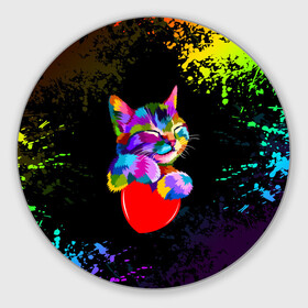 Коврик для мышки круглый с принтом РАДУЖНЫЙ КОТИК / RAINBOW KITTY , резина и полиэстер | круглая форма, изображение наносится на всю лицевую часть | Тематика изображения на принте: heart | kitty | like | low poly | rainbow | животные | звери | котик | лайк | радуга | радужный котик | сердечко | цветные