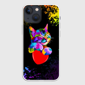 Чехол для iPhone 13 mini с принтом РАДУЖНЫЙ КОТИК   RAINBOW KITTY ,  |  | heart | kitty | like | low poly | rainbow | животные | звери | котик | лайк | радуга | радужный котик | сердечко | цветные