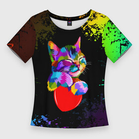 Женская футболка 3D Slim с принтом РАДУЖНЫЙ КОТИК  RAINBOW KITTY ,  |  | heart | kitty | like | low poly | rainbow | животные | звери | котик | лайк | радуга | радужный котик | сердечко | цветные