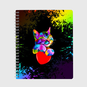 Тетрадь с принтом РАДУЖНЫЙ КОТИК / RAINBOW KITTY , 100% бумага | 48 листов, плотность листов — 60 г/м2, плотность картонной обложки — 250 г/м2. Листы скреплены сбоку удобной пружинной спиралью. Уголки страниц и обложки скругленные. Цвет линий — светло-серый
 | heart | kitty | like | low poly | rainbow | животные | звери | котик | лайк | радуга | радужный котик | сердечко | цветные