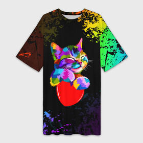 Платье-футболка 3D с принтом РАДУЖНЫЙ КОТИК   RAINBOW KITTY ,  |  | heart | kitty | like | low poly | rainbow | животные | звери | котик | лайк | радуга | радужный котик | сердечко | цветные