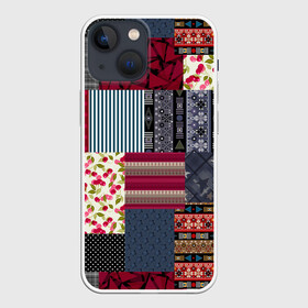 Чехол для iPhone 13 mini с принтом Деревенский стиль. Пэчворк. ,  |  | Тематика изображения на принте: бордовый и черный | звезды | комбинированный | полосатый | полосатый узор | пэчворк | черный