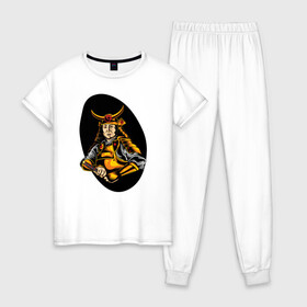 Женская пижама хлопок с принтом Самурай , 100% хлопок | брюки и футболка прямого кроя, без карманов, на брюках мягкая резинка на поясе и по низу штанин | samurai | буси | воин | воин в доспехах | самурай | философия | япония