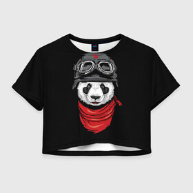 Женская футболка Crop-top 3D с принтом Панда Танкист  , 100% полиэстер | круглая горловина, длина футболки до линии талии, рукава с отворотами | animal | funny | panda | военный | животные | звери | милые | очки | панда | прикол | хипстер