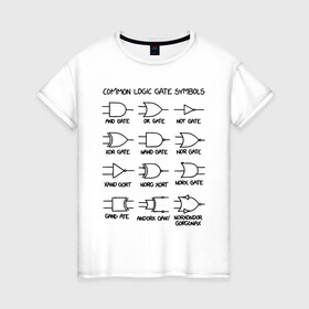 Женская футболка хлопок с принтом Common logic gate symbols , 100% хлопок | прямой крой, круглый вырез горловины, длина до линии бедер, слегка спущенное плечо | circuit | diy | electronics | hobby | hobbyelectronics | pcb | печатная плата | схема | электроника