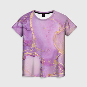 Женская футболка 3D с принтом Сиреневые разводы краски , 100% полиэфир ( синтетическое хлопкоподобное полотно) | прямой крой, круглый вырез горловины, длина до линии бедер | абстракция | блестки | градиент | золото | разводы краски