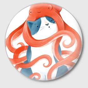 Значок с принтом Осьминожья шапочка ,  металл | круглая форма, металлическая застежка в виде булавки | арт | кот | котик | кошка | обнимашки | осьминог | рисунок
