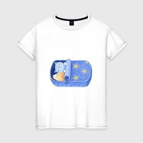 Женская футболка хлопок с принтом Сладкие сны , 100% хлопок | прямой крой, круглый вырез горловины, длина до линии бедер, слегка спущенное плечо | арт | звезда | звёзды | консервы | кот | котик | кошка | ночь | рисунок | рыба | рыбка | сны | сон | спокойной ночи