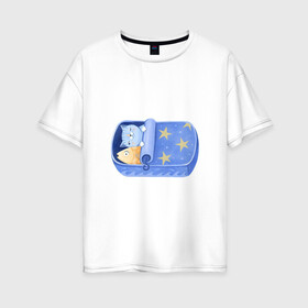 Женская футболка хлопок Oversize с принтом Сладкие сны , 100% хлопок | свободный крой, круглый ворот, спущенный рукав, длина до линии бедер
 | арт | звезда | звёзды | консервы | кот | котик | кошка | ночь | рисунок | рыба | рыбка | сны | сон | спокойной ночи