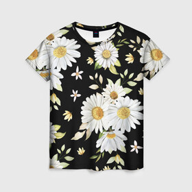Женская футболка 3D с принтом Ромашки на черном фоне , 100% полиэфир ( синтетическое хлопкоподобное полотно) | прямой крой, круглый вырез горловины, длина до линии бедер | девушкам | девушке | природа | ромахи | ромашки | рошамшка | цветочки | цветы