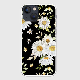 Чехол для iPhone 13 mini с принтом Ромашки на черном фоне ,  |  | Тематика изображения на принте: девушкам | девушке | природа | ромахи | ромашки | рошамшка | цветочки | цветы