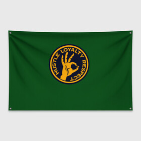 Флаг-баннер с принтом Hustle Loyalty respect  , 100% полиэстер | размер 67 х 109 см, плотность ткани — 95 г/м2; по краям флага есть четыре люверса для крепления | жёлтый | зелёный | надпись | преданное уважение | рука | эмблема