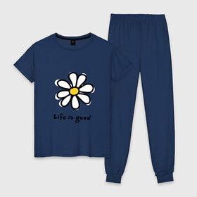 Женская пижама хлопок с принтом LIFE IS GOOD , 100% хлопок | брюки и футболка прямого кроя, без карманов, на брюках мягкая резинка на поясе и по низу штанин | life is good | жизнь | растение | ромашка | цветок | цветочки