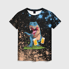 Женская футболка 3D с принтом Пивозавр - Краска , 100% полиэфир ( синтетическое хлопкоподобное полотно) | прямой крой, круглый вырез горловины, длина до линии бедер | dinosaur | pivo | pivozavr | взрыв | динозавр | краска | прикол