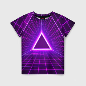 Детская футболка 3D с принтом Фон в стиле ретро 80-х , 100% гипоаллергенный полиэфир | прямой крой, круглый вырез горловины, длина до линии бедер, чуть спущенное плечо, ткань немного тянется | дискотека | музыка | огни треугольной сетки | технологии | фанки | форма треугольника