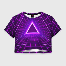 Женская футболка Crop-top 3D с принтом Фон в стиле ретро 80-х , 100% полиэстер | круглая горловина, длина футболки до линии талии, рукава с отворотами | дискотека | музыка | огни треугольной сетки | технологии | фанки | форма треугольника