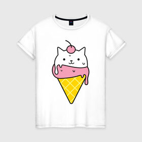 Женская футболка хлопок с принтом Ice Cream Cat , 100% хлопок | прямой крой, круглый вырез горловины, длина до линии бедер, слегка спущенное плечо | animal | cat | cute | ice cream | kitty | meow | друг | животные | киска | кися | китти | кот | котенок | котик | котэ | кошечка | кошка | мороженое | мур | мяу | питомец