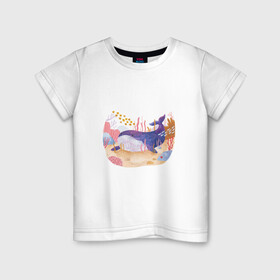 Детская футболка хлопок с принтом Отдыхающий кит , 100% хлопок | круглый вырез горловины, полуприлегающий силуэт, длина до линии бедер | арт | звезда | кит | кораллы | море | морская звезда | океан | песок | природа | рисунок | рыба | рыбки | рыбы | синий кит