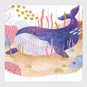 Магнитный плакат 3Х3 с принтом Отдыхающий кит , Полимерный материал с магнитным слоем | 9 деталей размером 9*9 см | арт | звезда | кит | кораллы | море | морская звезда | океан | песок | природа | рисунок | рыба | рыбки | рыбы | синий кит