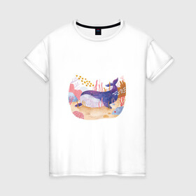 Женская футболка хлопок с принтом Отдыхающий кит , 100% хлопок | прямой крой, круглый вырез горловины, длина до линии бедер, слегка спущенное плечо | арт | звезда | кит | кораллы | море | морская звезда | океан | песок | природа | рисунок | рыба | рыбки | рыбы | синий кит