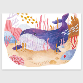 Поздравительная открытка с принтом Отдыхающий кит , 100% бумага | плотность бумаги 280 г/м2, матовая, на обратной стороне линовка и место для марки
 | арт | звезда | кит | кораллы | море | морская звезда | океан | песок | природа | рисунок | рыба | рыбки | рыбы | синий кит