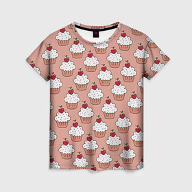 Женская футболка 3D с принтом Вишенка на кексе , 100% полиэфир ( синтетическое хлопкоподобное полотно) | прямой крой, круглый вырез горловины, длина до линии бедер | вафля | вишенка | выпечка | для девушек | еда | кекс | кексик | маффин | пирожное | рисунок