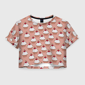 Женская футболка Crop-top 3D с принтом Вишенка на кексе , 100% полиэстер | круглая горловина, длина футболки до линии талии, рукава с отворотами | вафля | вишенка | выпечка | для девушек | еда | кекс | кексик | маффин | пирожное | рисунок