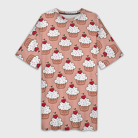 Платье-футболка 3D с принтом Вишенка на кексе ,  |  | вафля | вишенка | выпечка | для девушек | еда | кекс | кексик | маффин | пирожное | рисунок